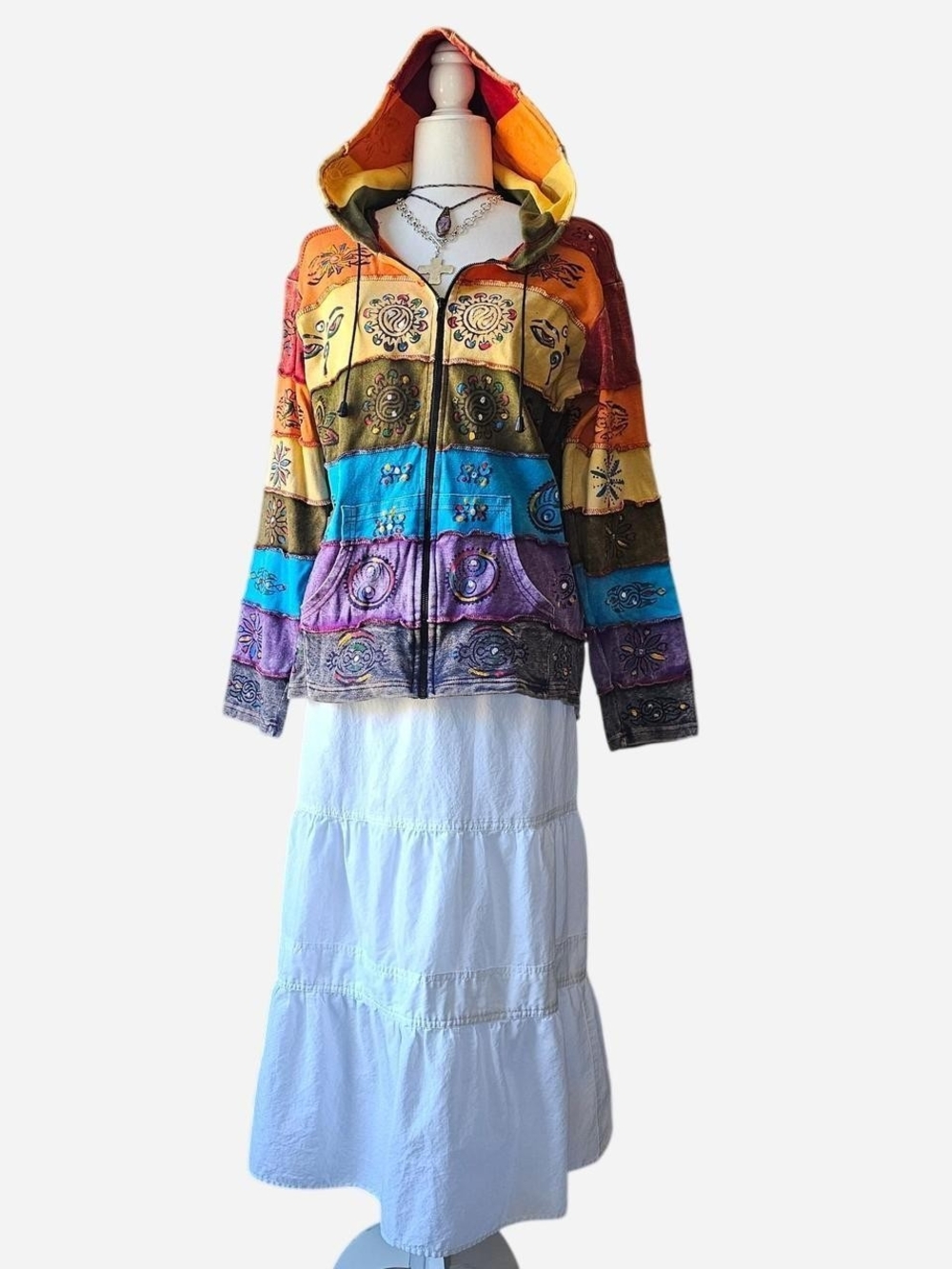 Rising International Multicolor Patchwork Hooded Jacket Large